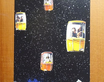 Postcard, greeting card, collage, illustration, vintage postcard sky, space "gondolas"