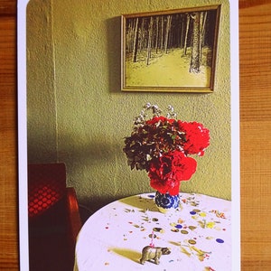 geburtstagskarte, glückwünsche, glückwunschkarte, gratulationskarte, fotografie, küche, retro, vintage postkarte, blumen, konfetti