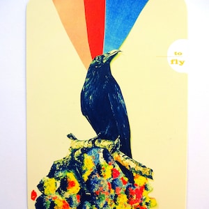 postkarte, grußkarte, collage, illustration, tier, vogel "to fly"