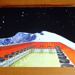 postkarte, grußkarte, collage, illustration, vintage postkarte himmel, weltall architektur "skybar"