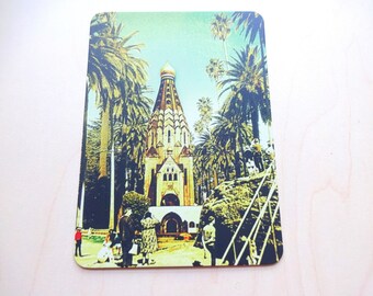 postkarte, grußkarte, collage, illustration, architektur, palmen, kirche "leipzig unter palmen"