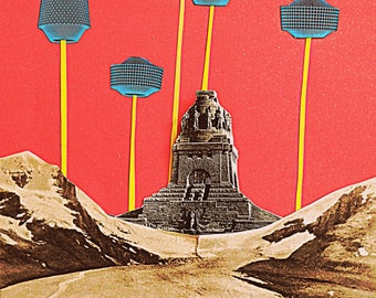 collage, poster, art print, retro sci fi, architecture, leipzig, &quot;invasion&quot;