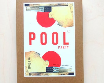 postkarten set, grußkarten, collagen, illustrationen, sommer, sonne, wasser, urlaub, pool,  natur, kraftpapierbox "poolparty" 10 Karten-Box