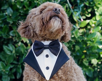 More Colors Available- dog tuxedo bandana, over the collar dog bandana, dog bib, dog formal attire, dog bow tie, dog wedding bowtie shirt