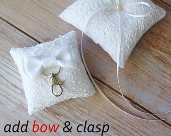 Small ring pillow for dog ring bearer, dog wedding ring pillow, white lace and satin ribbon with bow and clasp, pets bring rings to wedding