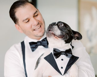 More Colors Available -Black dog suit bandanna, dog bowtie collar, dog tuxedo bib, dog formal attire, bow tie shirt, dog wedding bandanna