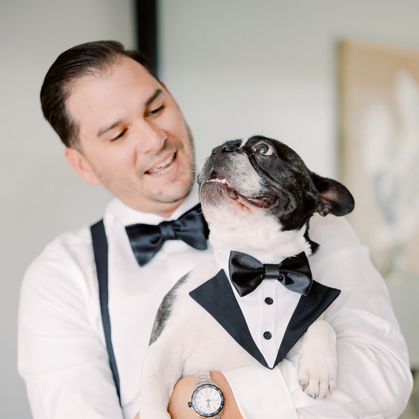 More Colors Available -Black dog suit bandanna, dog bowtie collar, dog tuxedo bib, dog formal attire, bow tie shirt, dog wedding bandanna