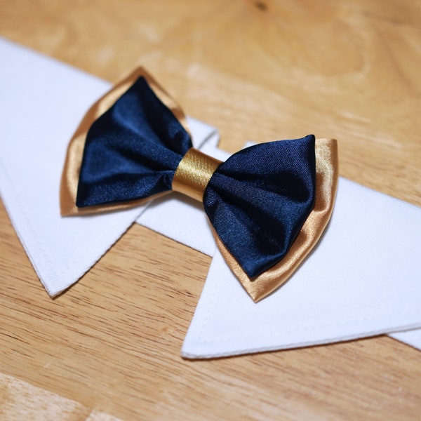 Choose your colors- dog bow tie collar, double layered bowtie dog collar, dog bow tie tuxedo, dog formal collar, navy and antique gold