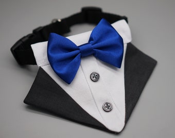 Royal Blue bowtie dog tuxedo bandana, over the collar dog bandana, dog tux, dog formal attire, dog bow tie collar, dog wedding bowtie shirt