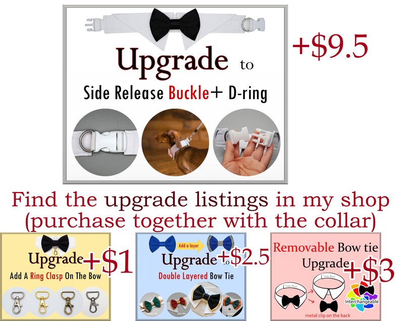 May include: Upgrade options for a white dog collar with a black bow tie.  The options include a side release buckle with a D-ring for $9.50, a ring clasp on the bow for $1.00, a double layered bow tie for $2.50, and a removable bow tie for $3.00.
