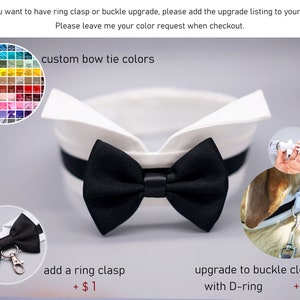 May include: A white dog collar with a black bow tie. The collar has a ring clasp option for $1 or a buckle closure with a D-ring for $9. A color chart shows a variety of colors for the bow tie.
