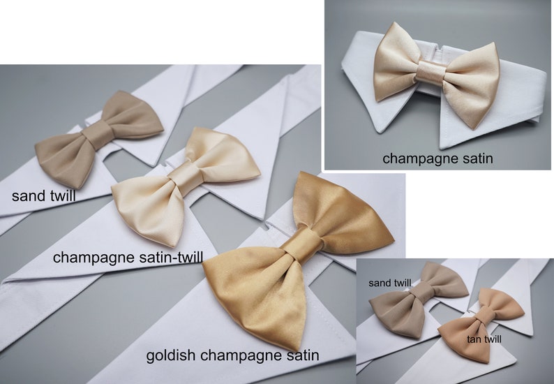 May include: Four bow ties in different colors and textures: sand twill, champagne satin-twill,  goldish champagne satin, and champagne satin.
