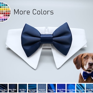 May include: A white dog collar with a navy blue satin bow tie. The collar has a white, stiff, folded down piece of fabric that resembles a shirt collar. The image shows a variety of blue satin bow ties in different shades of blue.
