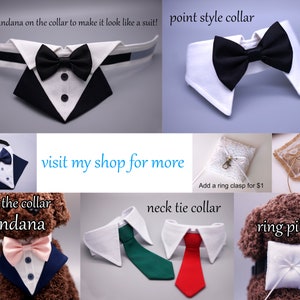 May include: A collection of dog collars and a ring pillow. The collars are white with black bow ties, a green necktie, and a red necktie. The ring pillow is white and has a small white bow. The text "visit my shop for more" is in the center of the image.