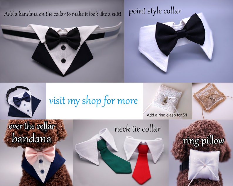 May include: A collection of dog collars and a ring pillow. The collars are white with black bow ties, a green necktie, and a red necktie. The ring pillow is white and has a small white bow. The text "visit my shop for more" is in the center of the image.