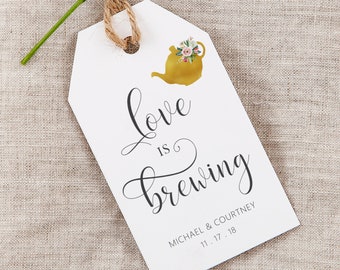 Love is Brewing Tags, Teapot Favor Tags, Personalized Bridal Shower Tags, Faux Gold Tags