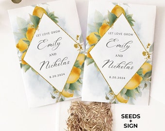 Plantable Wildflower Seeds, Personalized Packets for Wedding Favors, Lemon Theme Envelopes with Seeds