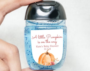 Étiquettes autocollantes de désinfectant pour les mains, étiquettes de faveur de la baby shower d’automne, étiquettes Little Pumpkin on the Way