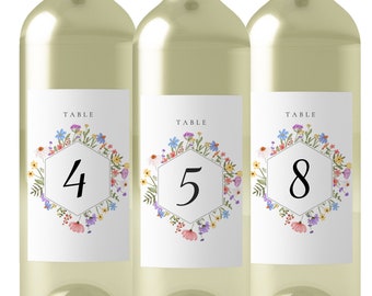 Bottle Table Numbers, Personalized Wine Bottle Labels, Wildflower Labels for Wine Bottles