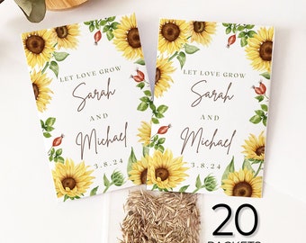 Wedding and Bridal Shower Sunflower Packets, Personalized Let Love Grow Envelopes with Seeds