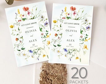 Let Love Grow Packets with Wildflower Seeds for Wedding Favors, Personalized Floral Seeds Envelopes