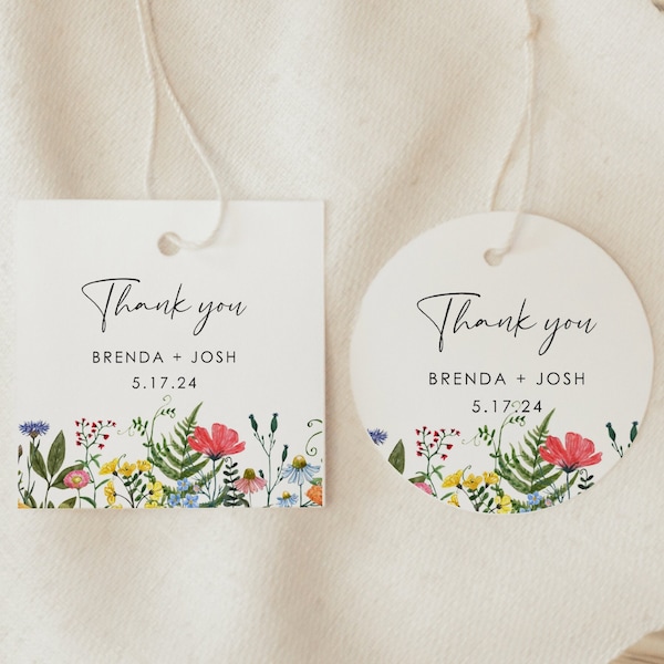 Wildflower Thank You Tags, PRINTED Favor Tags for Wedding Favors, Custom Gift Tags