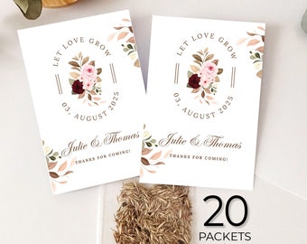 Personalized Packets with Wildflower Seeds for Wedding Favors, Burgundy Floral Seeds Envelopes