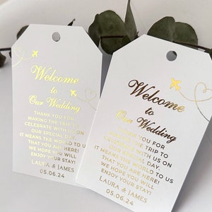Etichette per borsa di benvenuto per matrimonio di destinazione, lamina d'oro Grazie per le etichette