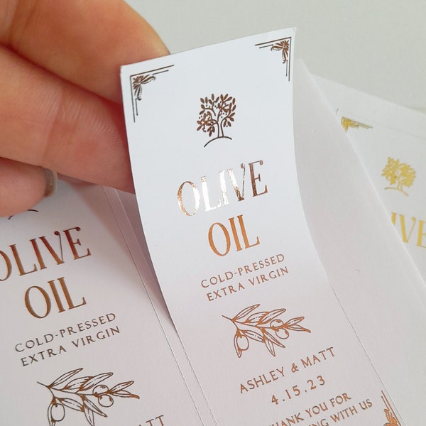 Goldfolie Olivenöl Bevorzugungsetiketten, Silber, Roségold-Hochzeitsetiketten, personalisierte Olivenölflaschenetiketten