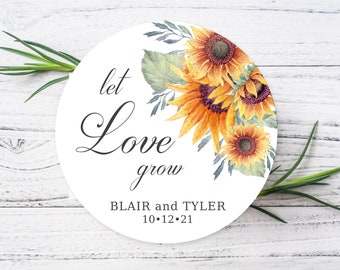 Let love grow sunflower stickers for weddings and bridal shower party favors