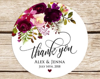Wedding Stickers, Personalized, Thank You Stickers, Wedding Favor Stickers, Floral Labels, Burgundy, Marsala, 2'' Stickers