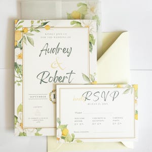 Invitación de boda de limón con sobre y tarjeta RSVP, invitaciones de verano con flores de cítricos