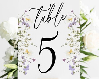 Wildflower Table Number Cards, Wedding Table Cards, Printed Table Numbers