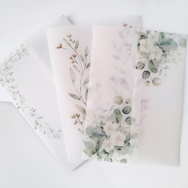 5 x 7 Vellum Jackets for Invitations, Printed Vellum Wraps for Wedding Invitations, Greenery Theme Wraps