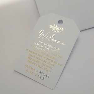 Etichette per borse di benvenuto per matrimonio a destinazione, etichette di ringraziamento in lamina d'oro