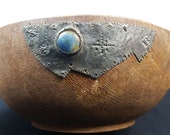 Antique Wooden Bowl with Hand Hammered Silver and Stone Arts and Crafts Primitive Celtic Folk Art Hand Made Original 1800 39 s Wood