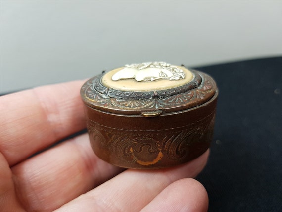 Antique Pill Box Jewelry or Trinket Cameo Copper … - image 3