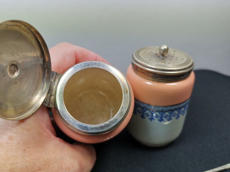 Antique Salt or Pepper Shaker and Mustard Pot Jar Set Ceramic and Silver Plated Cruet Late 1800/'s Early 1900/'s Silver Pink Blue White