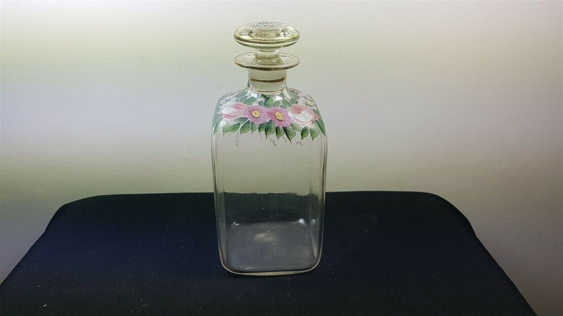 Vintage Glass Decanter Bottle Clear With Hand Painted Flowers Etsy