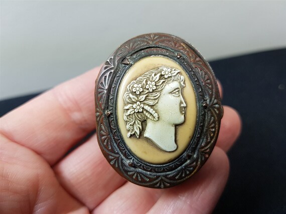 Antique Pill Box Jewelry or Trinket Cameo Copper … - image 1