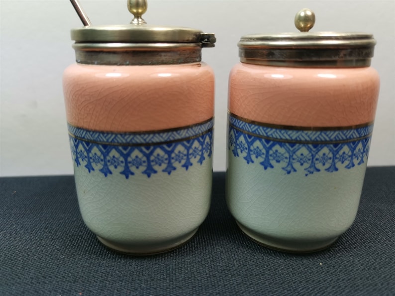 Antique Salt or Pepper Shaker and Mustard Pot Jar Set Ceramic and Silver Plated Cruet Late 1800/'s Early 1900/'s Silver Pink Blue White