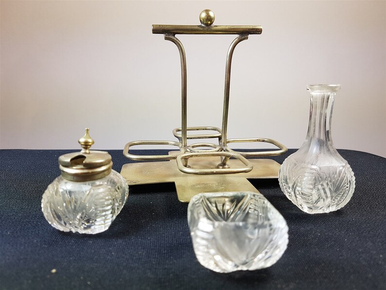Vintage Clear Cut Glass Cruet Set in Silver Plated Stand Art Etsy