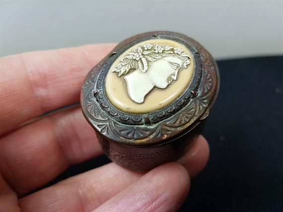 Antique Pill Box Jewelry or Trinket Cameo Copper … - image 8