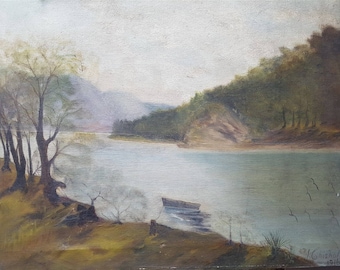 Antique Scottish Highlands Landscape Original Oil Painting of Lake and Boat on Canvas Signed and Dated 1916