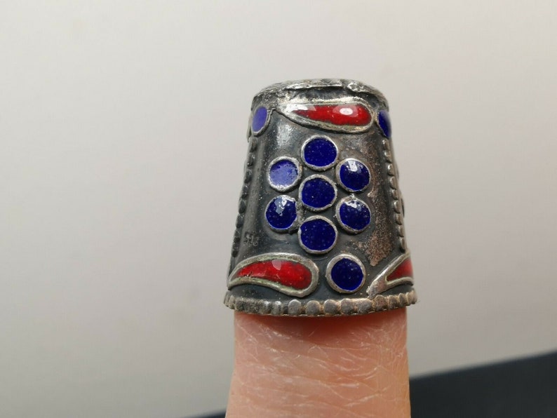 Vintage Silver Thimble with Blue and Red Enamel Flower