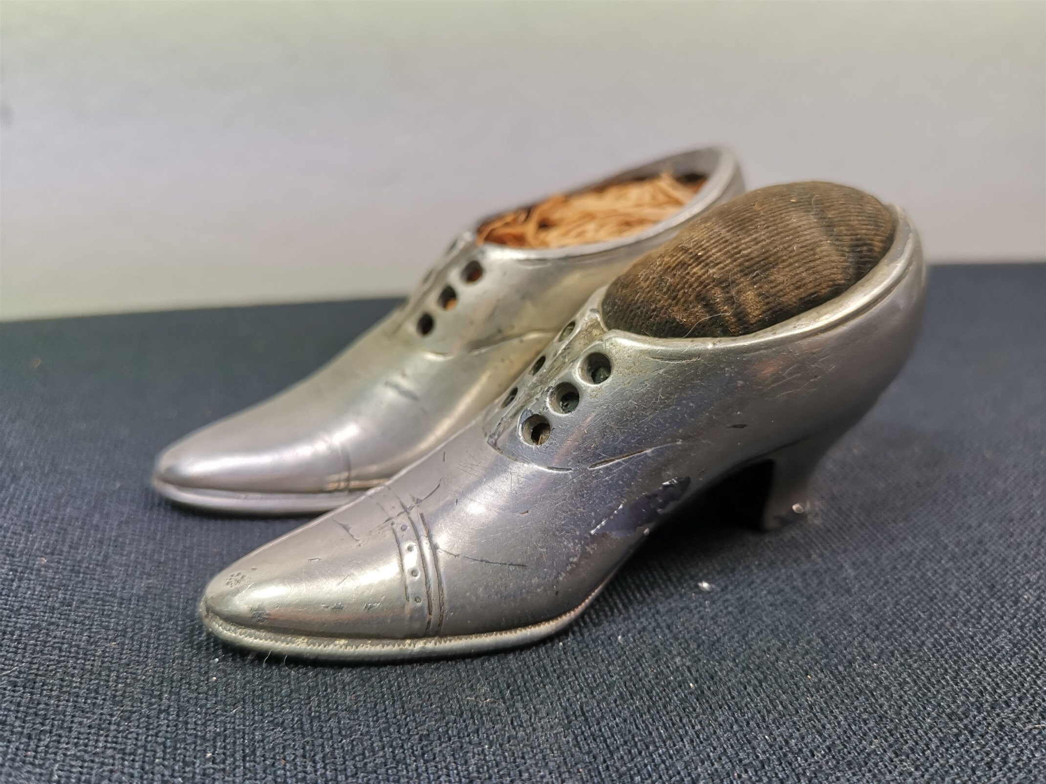 Antique Victorian Pincushion Shoes Miniature Silver Metal Etsy