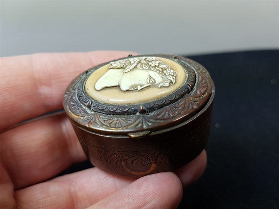 Antique Pill Box Jewelry or Trinket Cameo Copper … - image 10