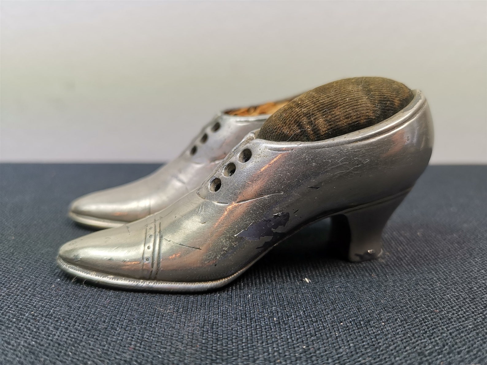Antique Victorian Pincushion Shoes Miniature Silver Metal Etsy