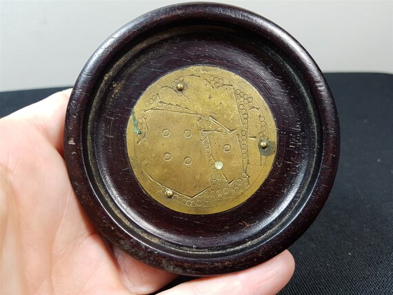 Antique Wood and Brass Metal Coin Jewelry or Pin T