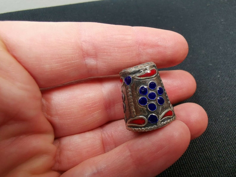 Vintage Silver Thimble with Blue and Red Enamel Flower